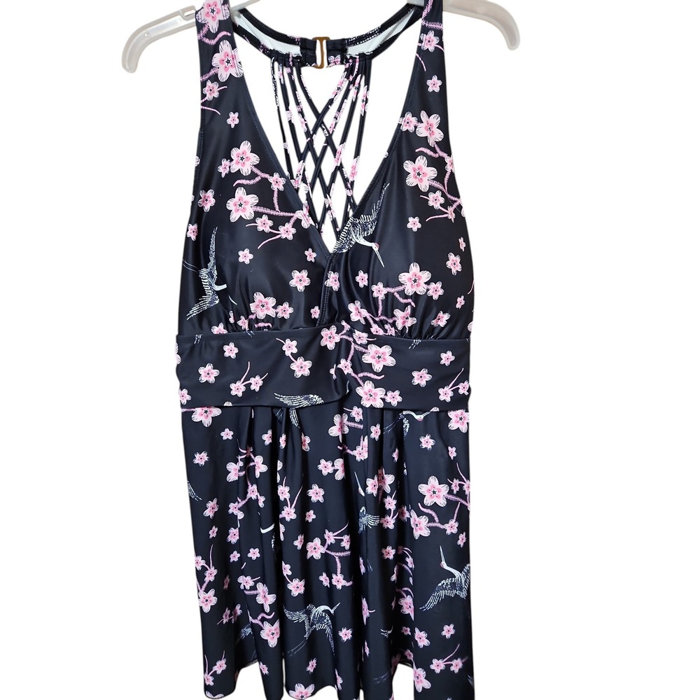 Black Cherry Blossom Crane Print Strappy Back Swim Dress V-Neck Swimsuit 0619